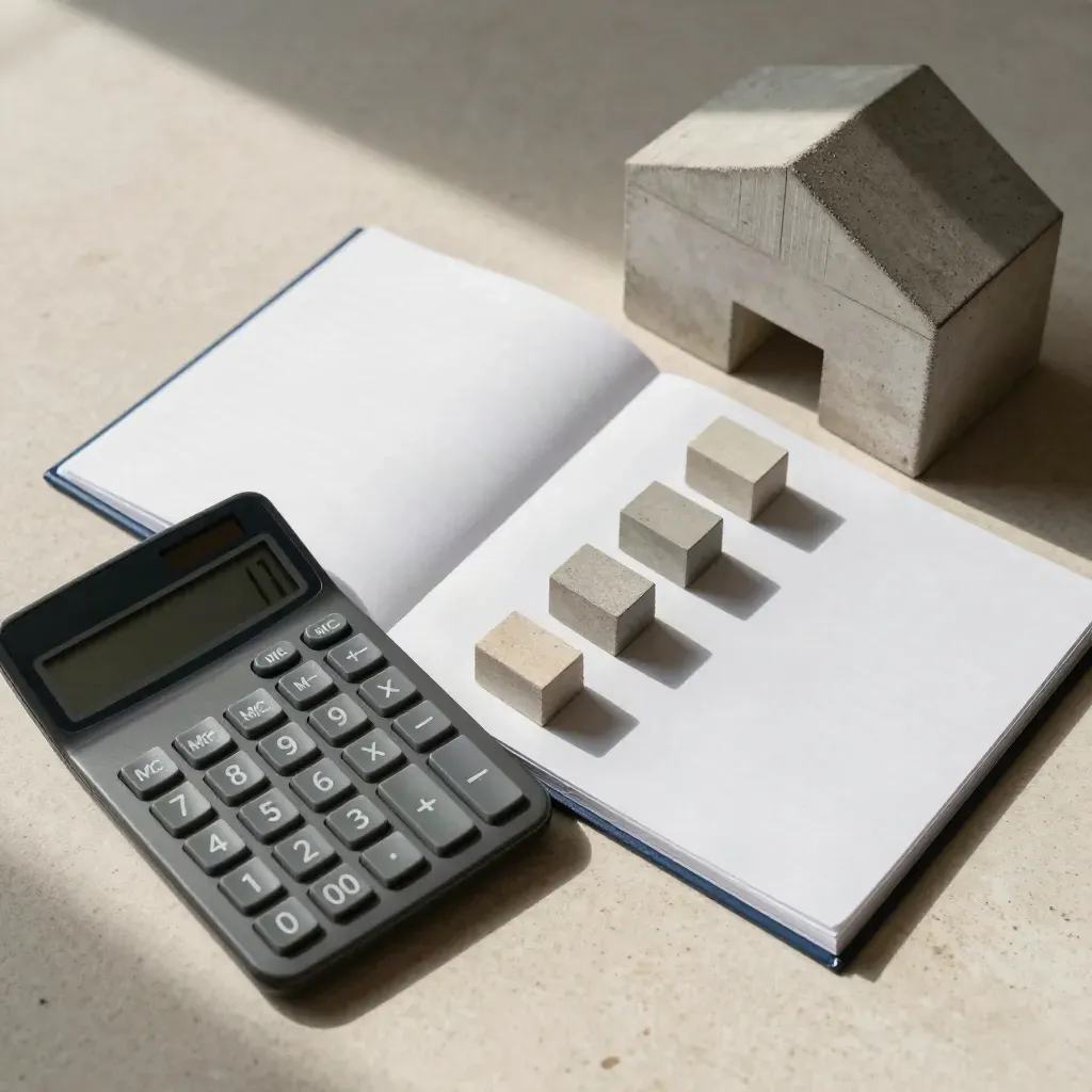 Top-down planning flatlay with calculator, fold-out ledger, warehouse block and rising quarter markers.