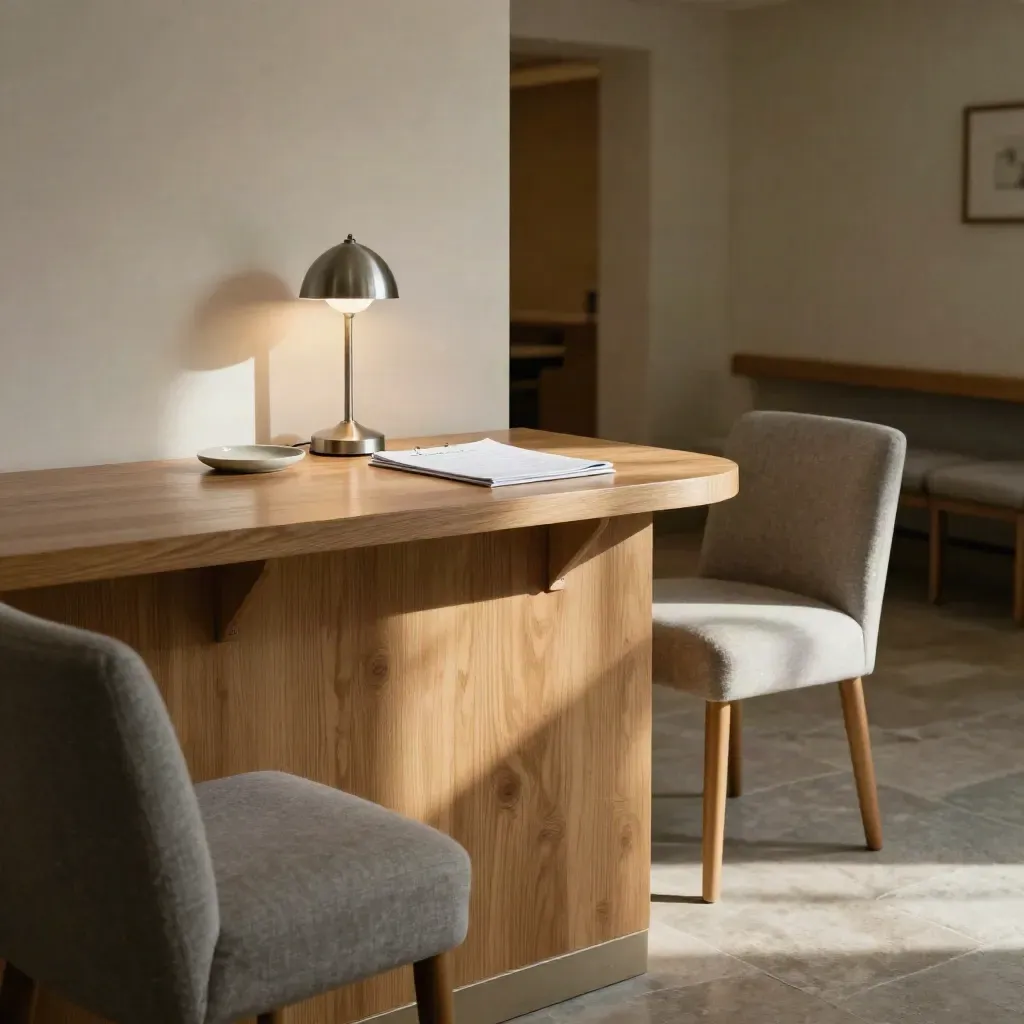 Empty care-home reception corner with oak counter, chairs, lamp and valuation folio in warm afternoon light.