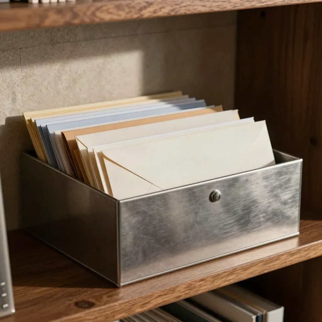 Overhead still life of sorted envelopes, tab dividers and a metal index box on walnut