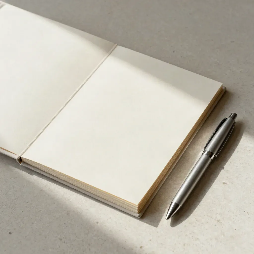 Overhead flatlay of a clipped presentation pack with folder, dividers and pen sleeve on pale stone.