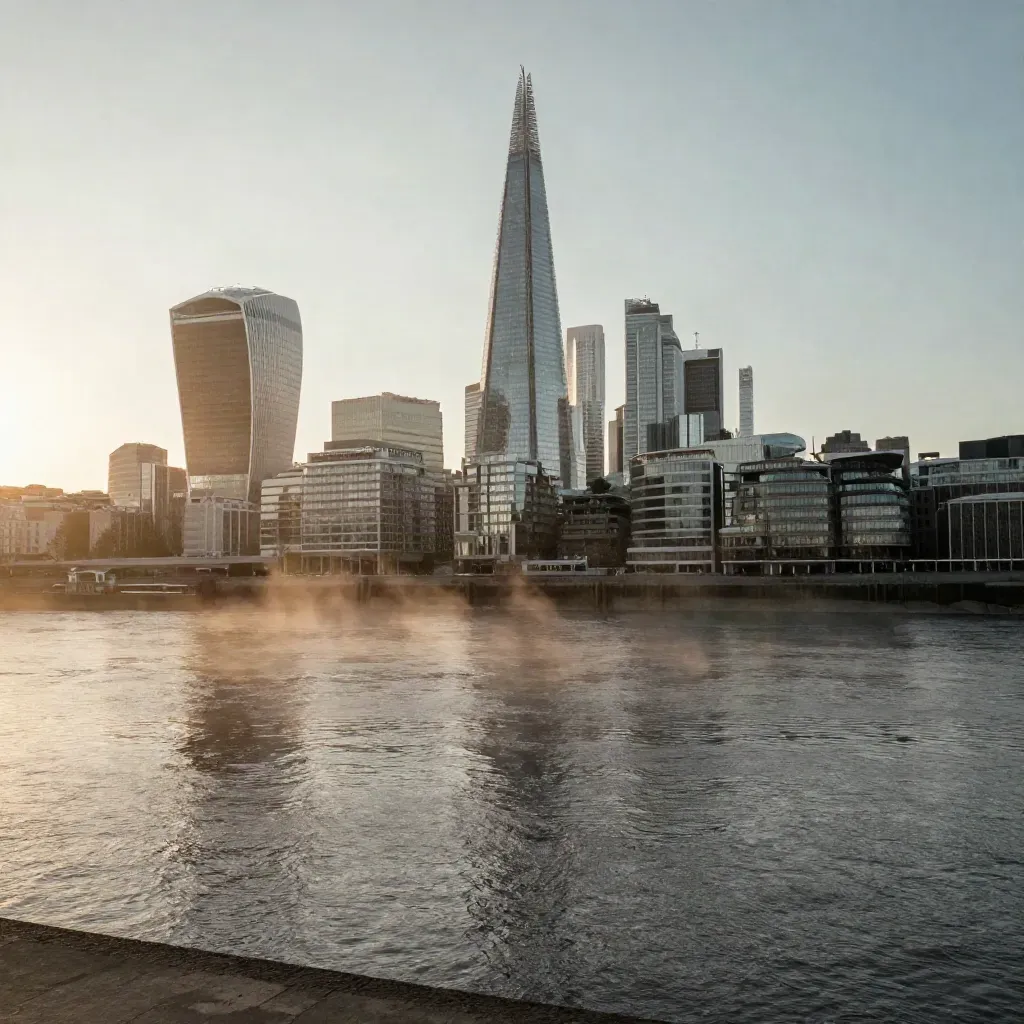 Canary Wharf and The Shard above misty Thames water at sunrise