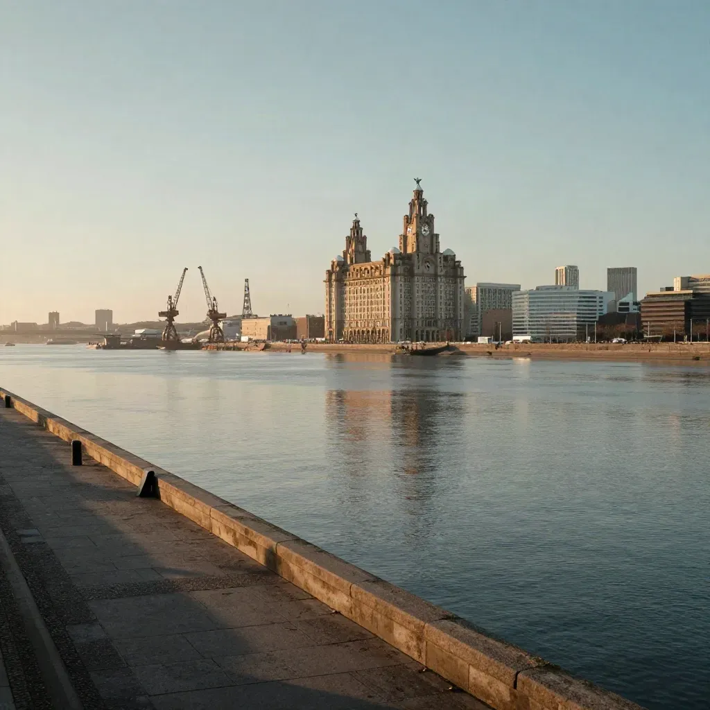 Liverpool waterfront and Mersey estuary at golden hour, docks silhouetted above calm water and haze.